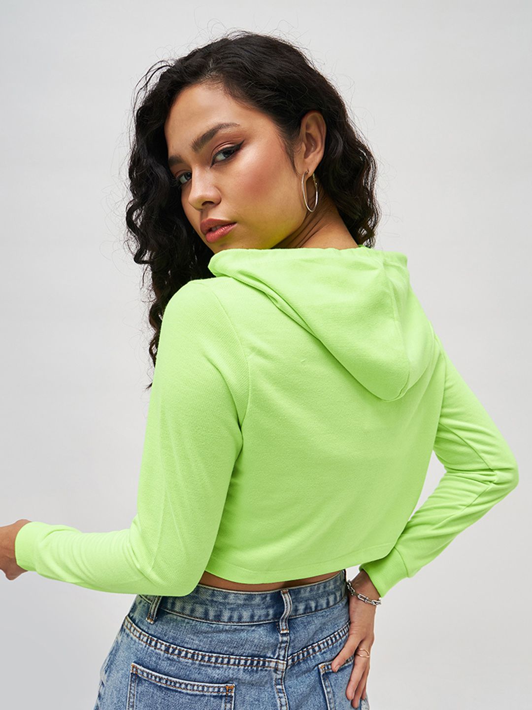 SASSAFRAS Women Fluorescent Green Solid Hooded Cropped Sweatshirt