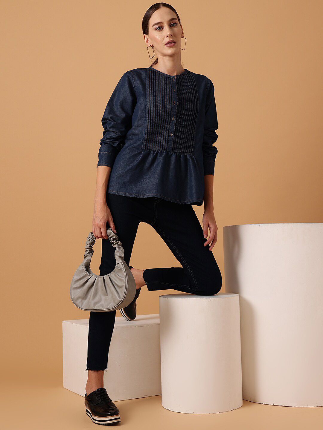 STREET 9 Pleated Round Neck Pure Cotton Denim Regular Top