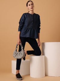 STREET 9 Pleated Round Neck Pure Cotton Denim Regular Top