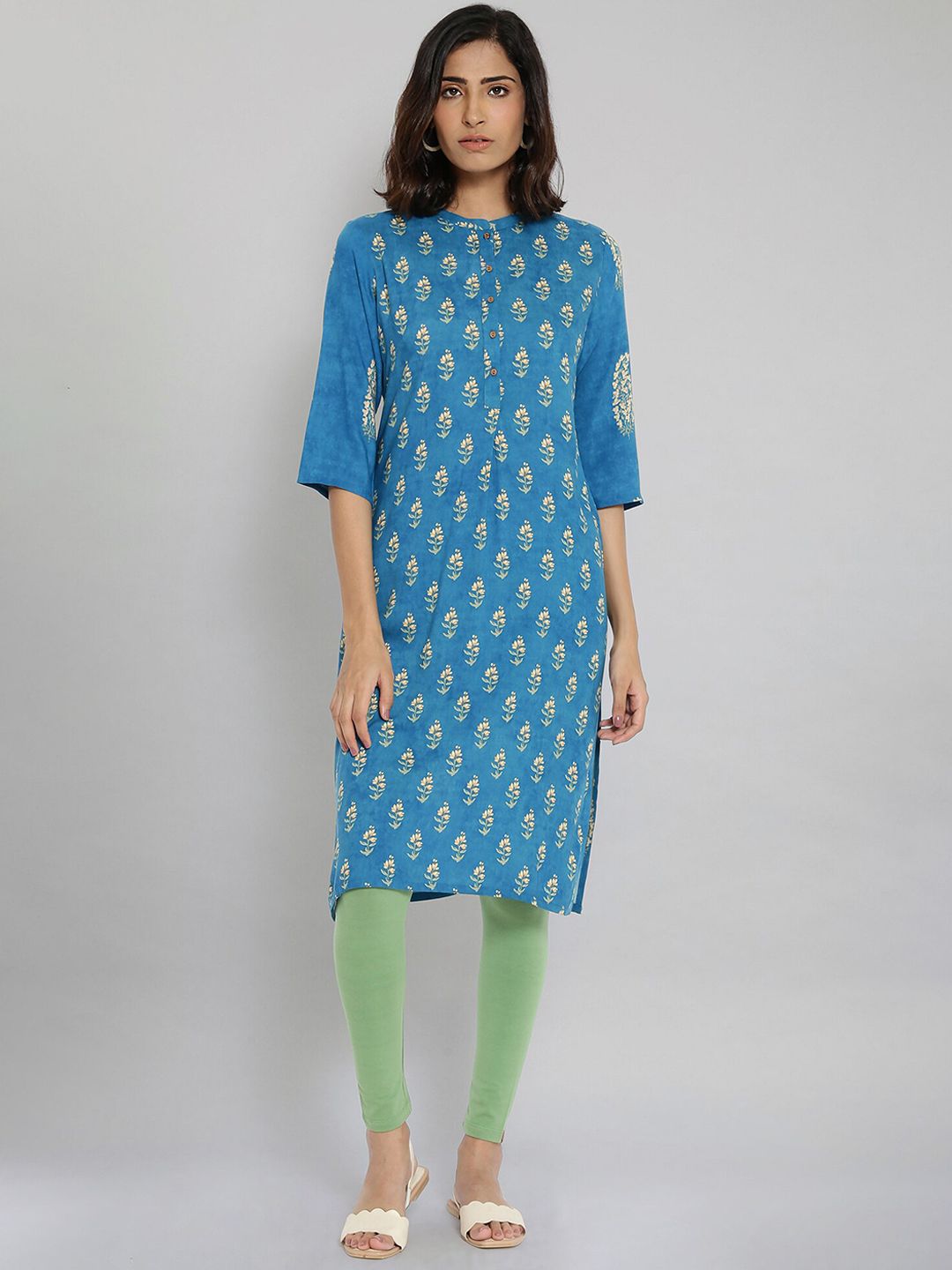 W Women Blue Ethnic Motifs  printed Thread Work Kurta