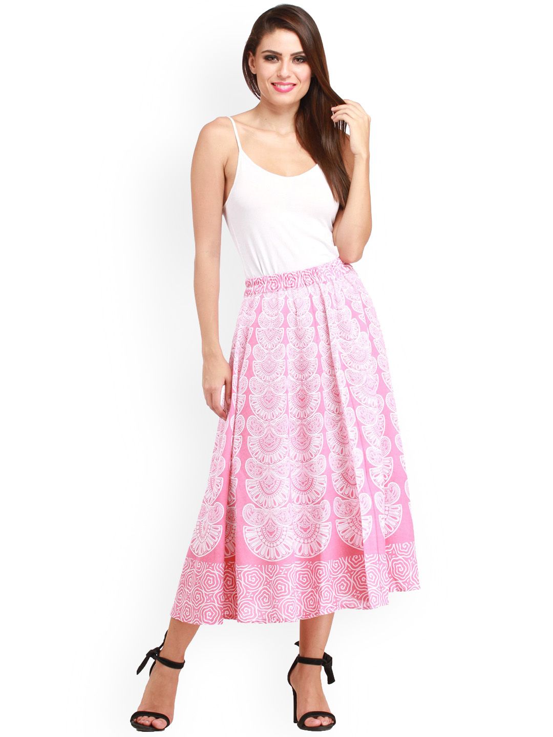 Exotic India Pure Cotton Block Printed Patterns Mauveglow Midi-Skirt