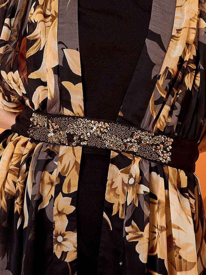 Antheaa Black Floral Embellished Round Neck Top With Trousers