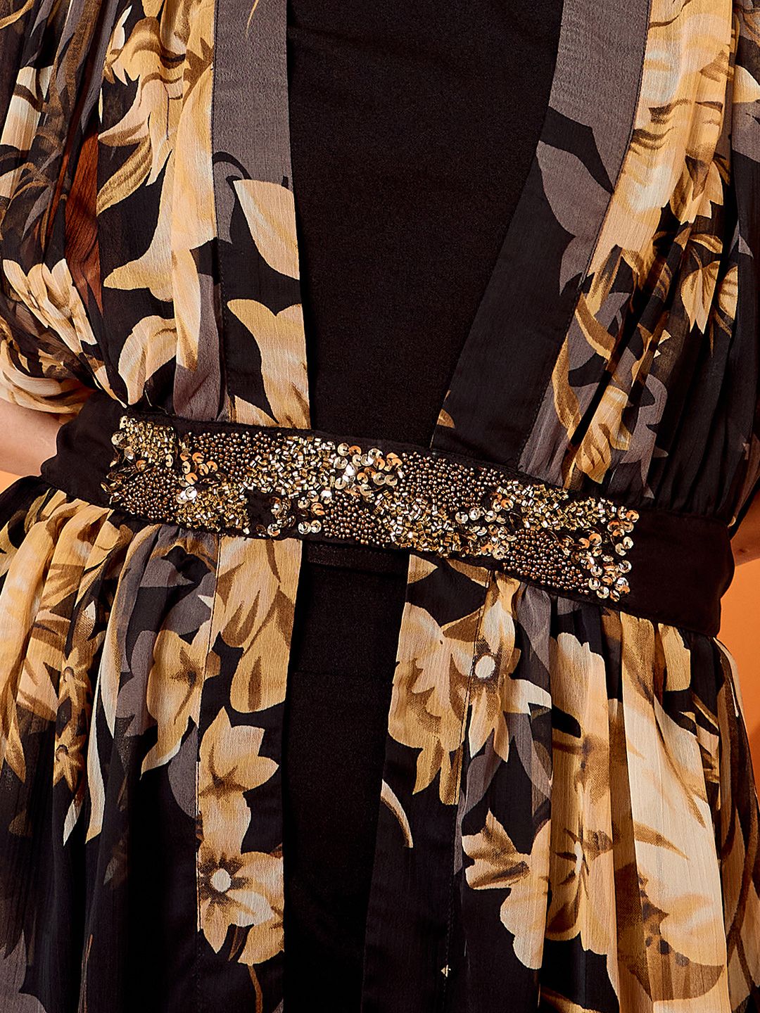 Antheaa Black Floral Embellished Round Neck Top With Trousers