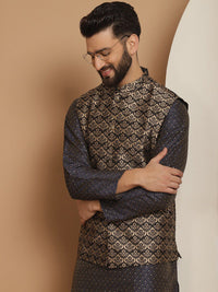 Anouk Navy Blue Ethnic Motifs Woven Design Straight Kurta With Churidar & Nehru Jacket