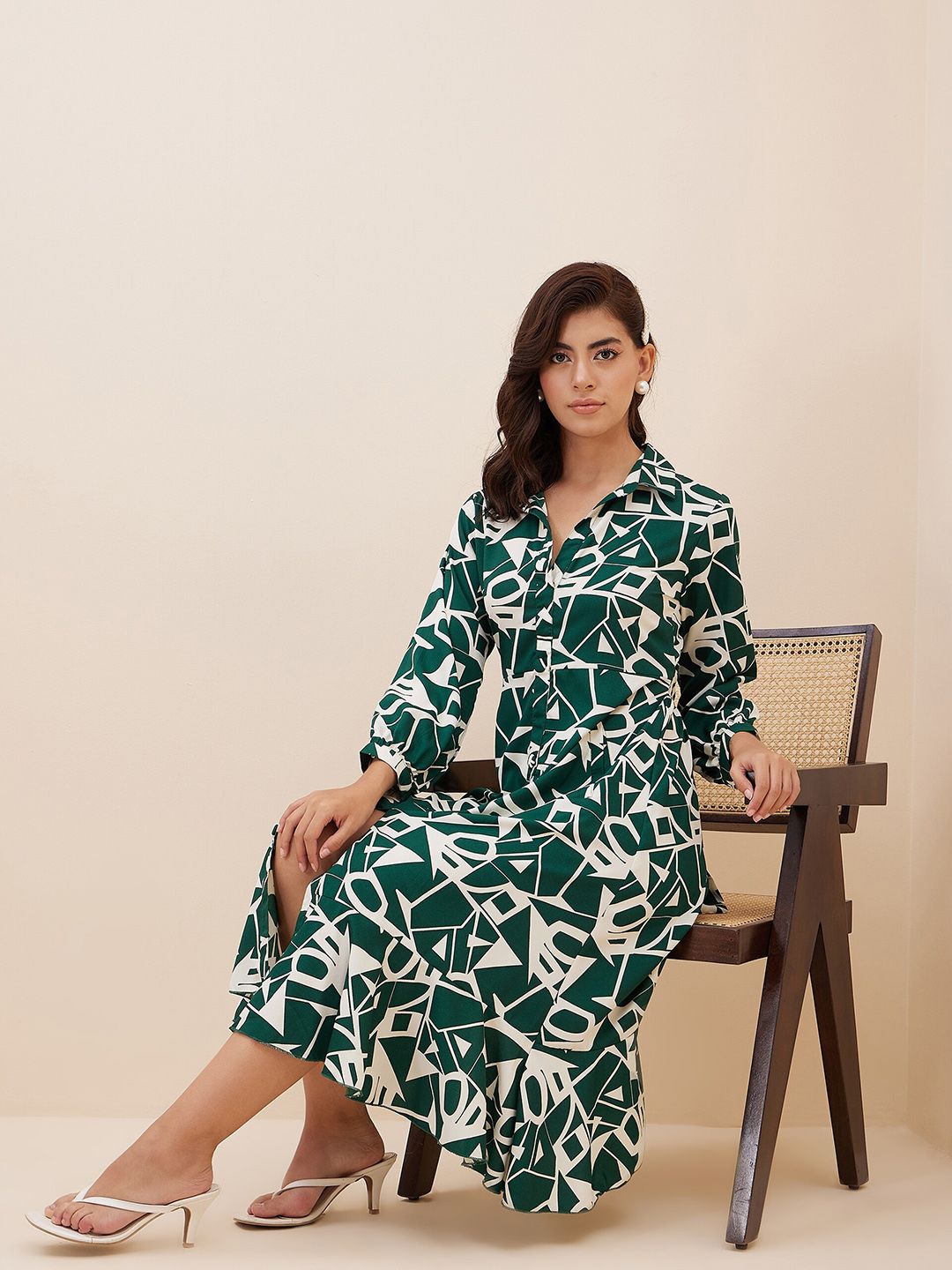 Antheaa Geometric Printed Shirt Midi Dress