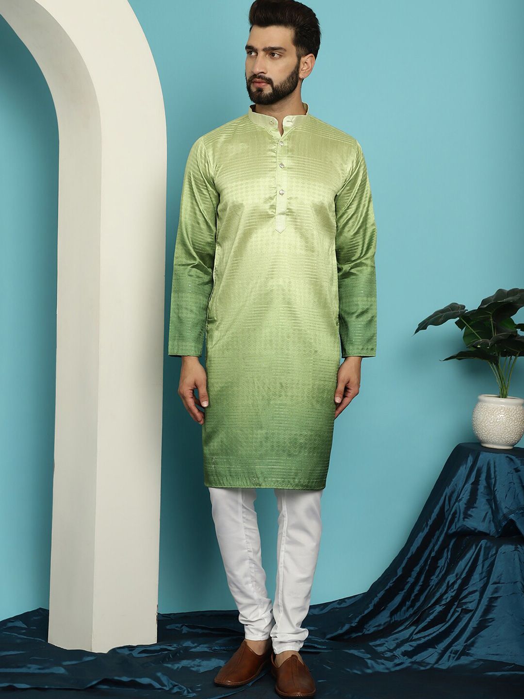 SOJANYA Striped Woven Design Sequinned Jacquard Mandarin Collar Kurta With Churidar