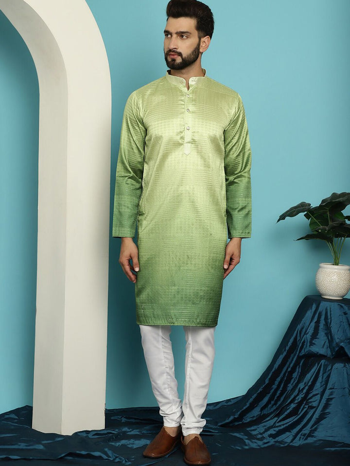 SOJANYA Striped Woven Design Sequinned Jacquard Mandarin Collar Kurta With Churidar