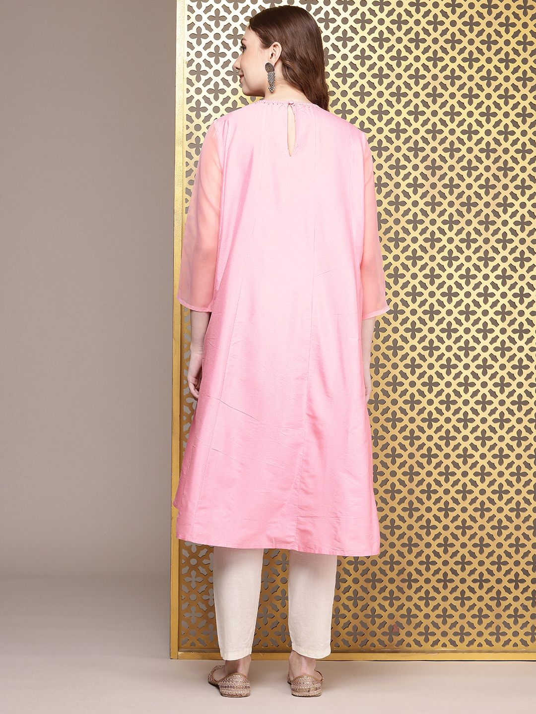 House of Pataudi Three-Quarter Sleeves Round Neck A-Line Rozana Kurta