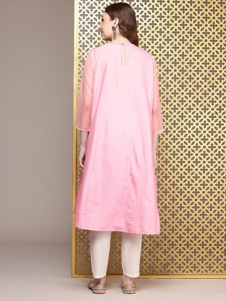 House of Pataudi Three-Quarter Sleeves Round Neck A-Line Rozana Kurta