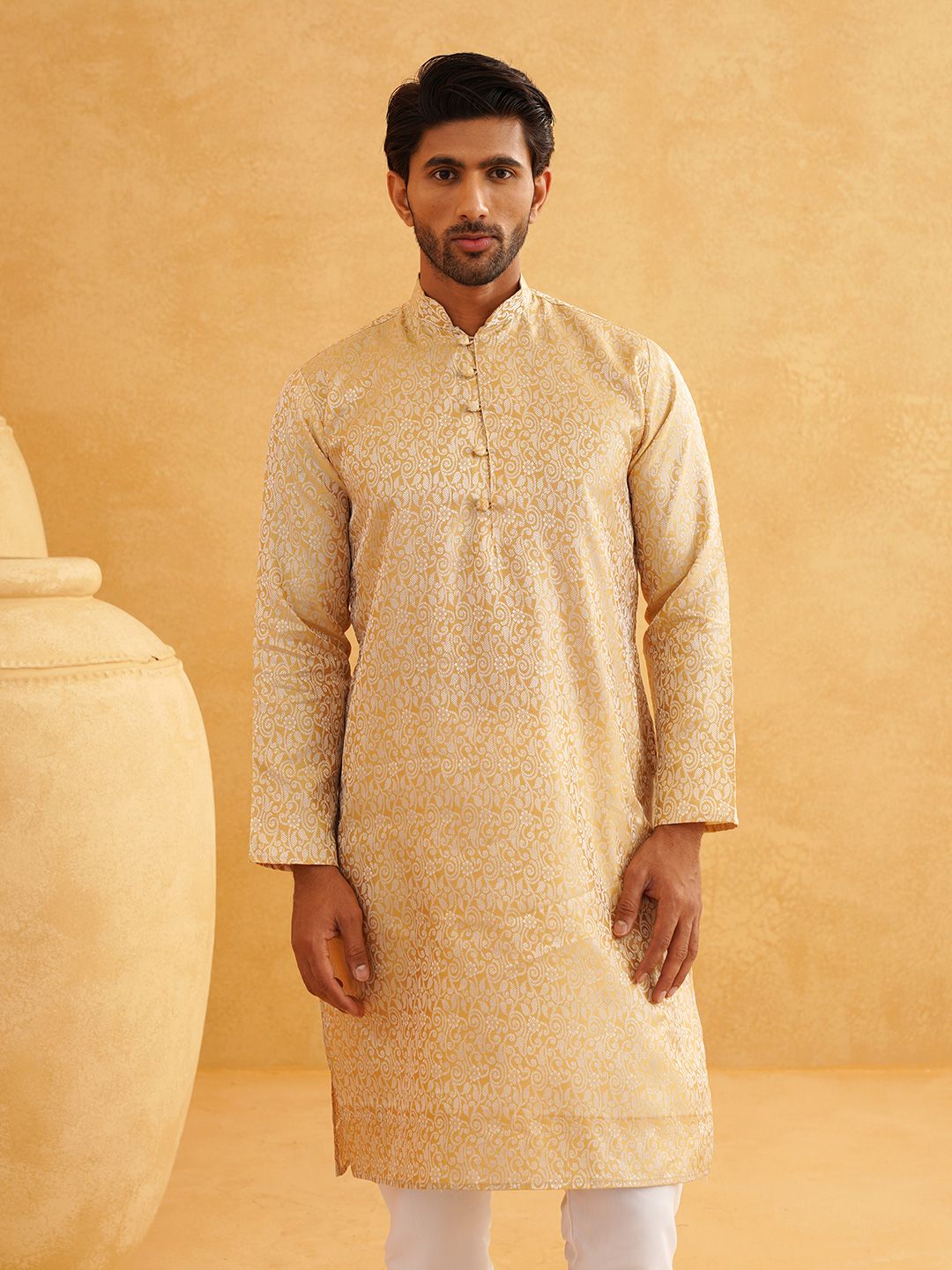 SOJANYA Men Golden & Off White Woven Design Kurta