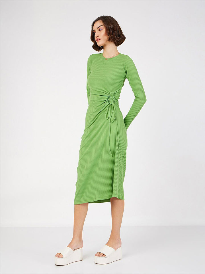 SASSAFRAS Ruched Tie Up Bodycon Midi Dress