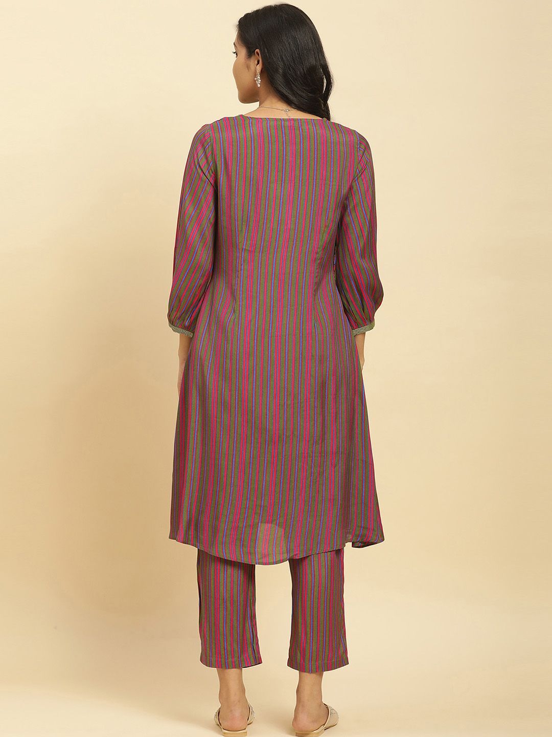 W Striped Thread Work A-Line Kurta with Trousers