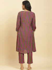 W Striped Thread Work A-Line Kurta with Trousers