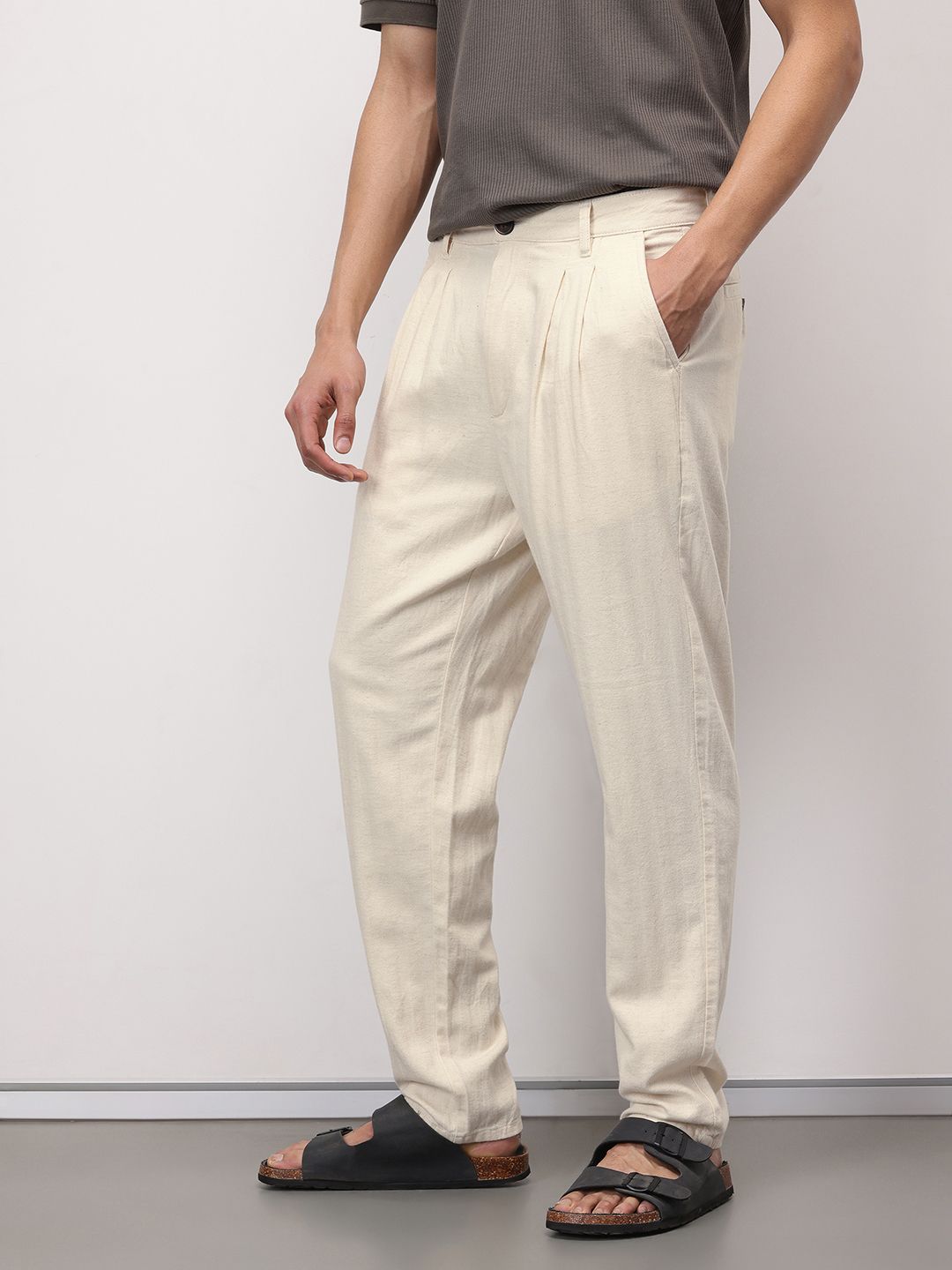 ether Kora Men Cotton Linen Pleated Chinos Trousers