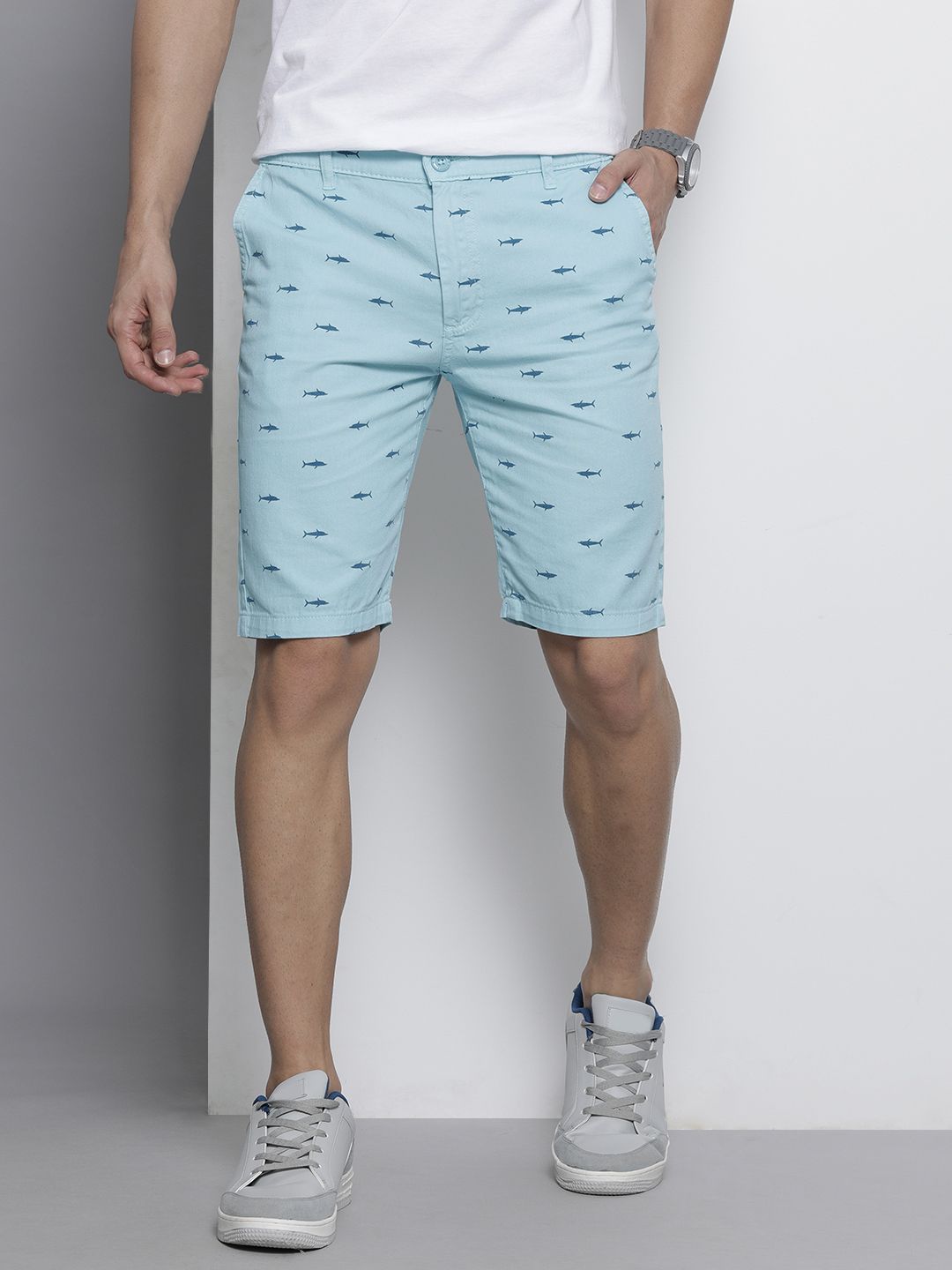 The Indian Garage Co Men Blue Printed Slim Fit Cotton Chino Shorts