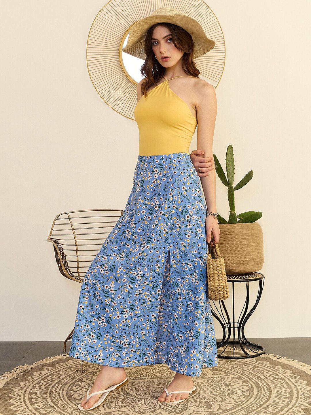 Berrylush Floral Printed High Rise A-Line Maxi Skirt