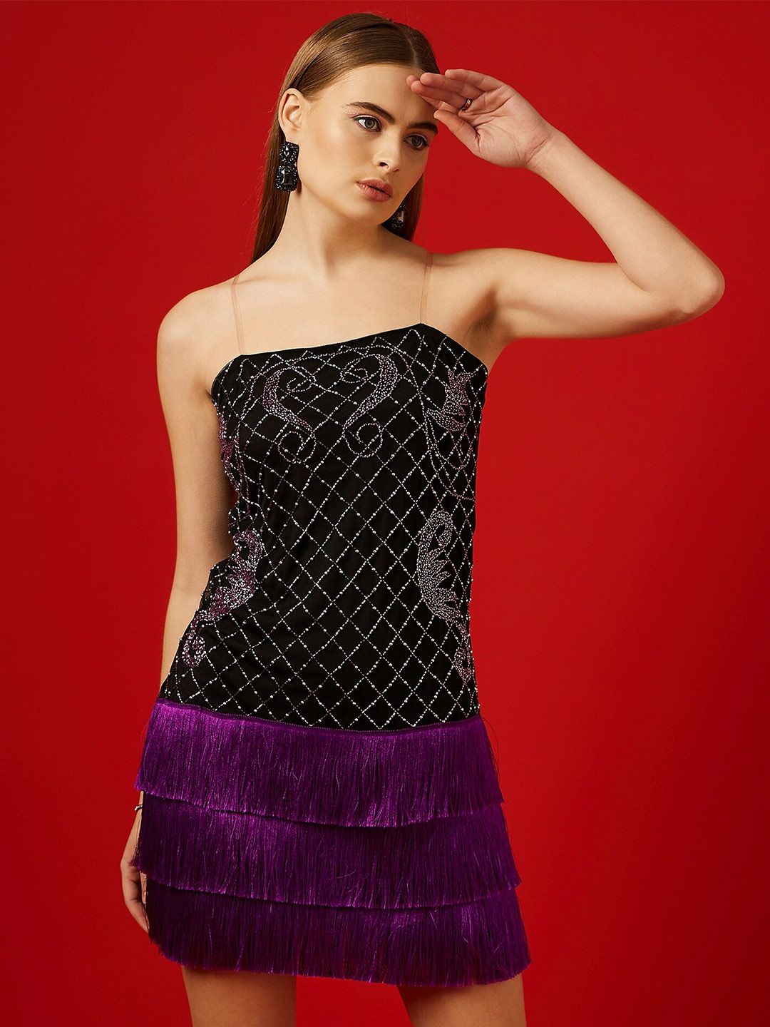 STREET 9 Embellished Shoulder Straps Fringed Net Sheath Mini Dress