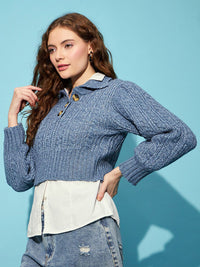 STREET 9 Blue Ribbed Cable knit Shirt Collar Acrylic Crop Pullover Sweater