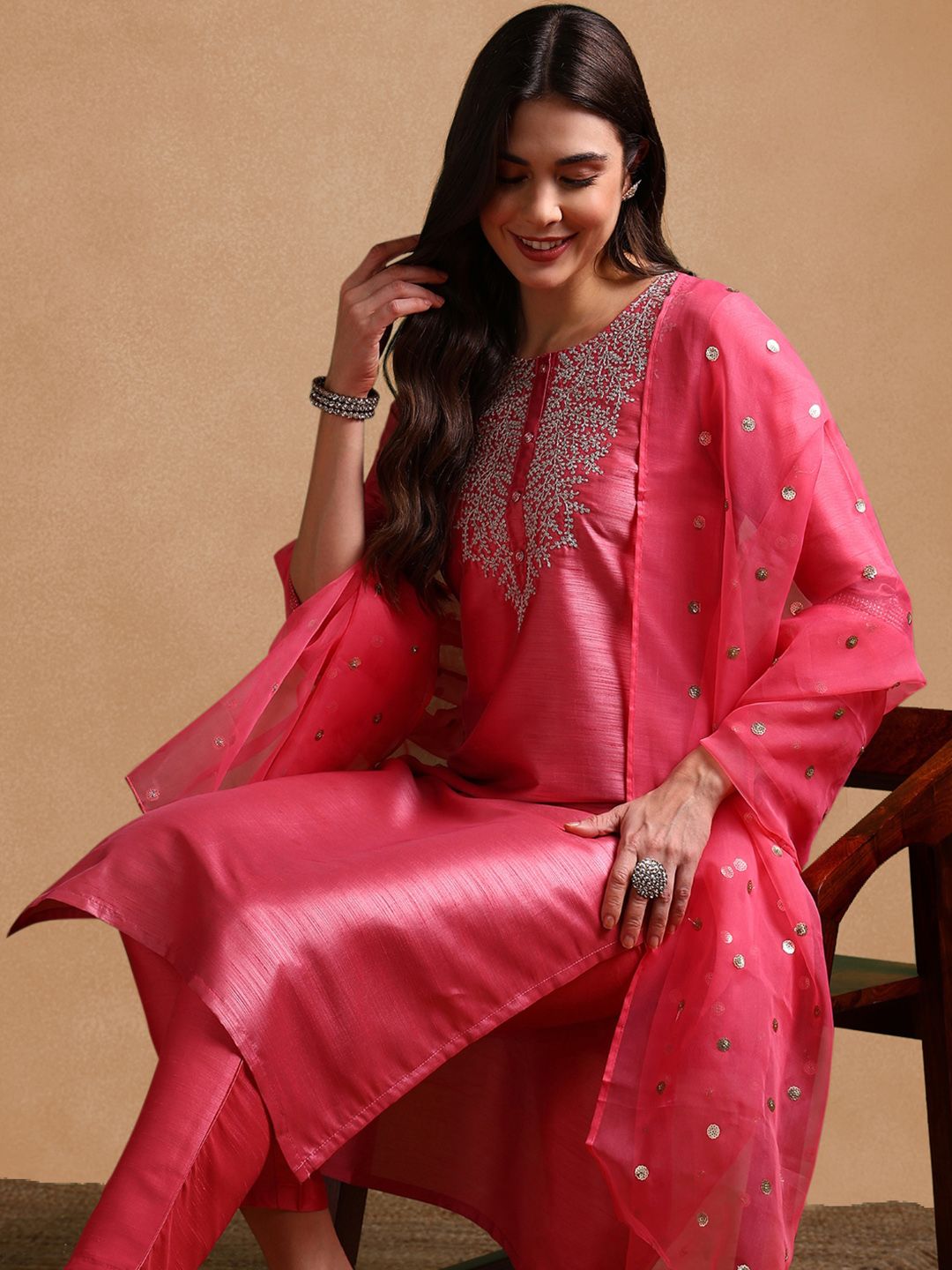 KALINI Ethnic Motifs Embroidered Regular Kurta with Trousers & Dupatta