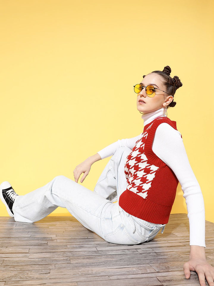 SASSAFRAS Women Red & White Houndstooth Design Sweater Vest