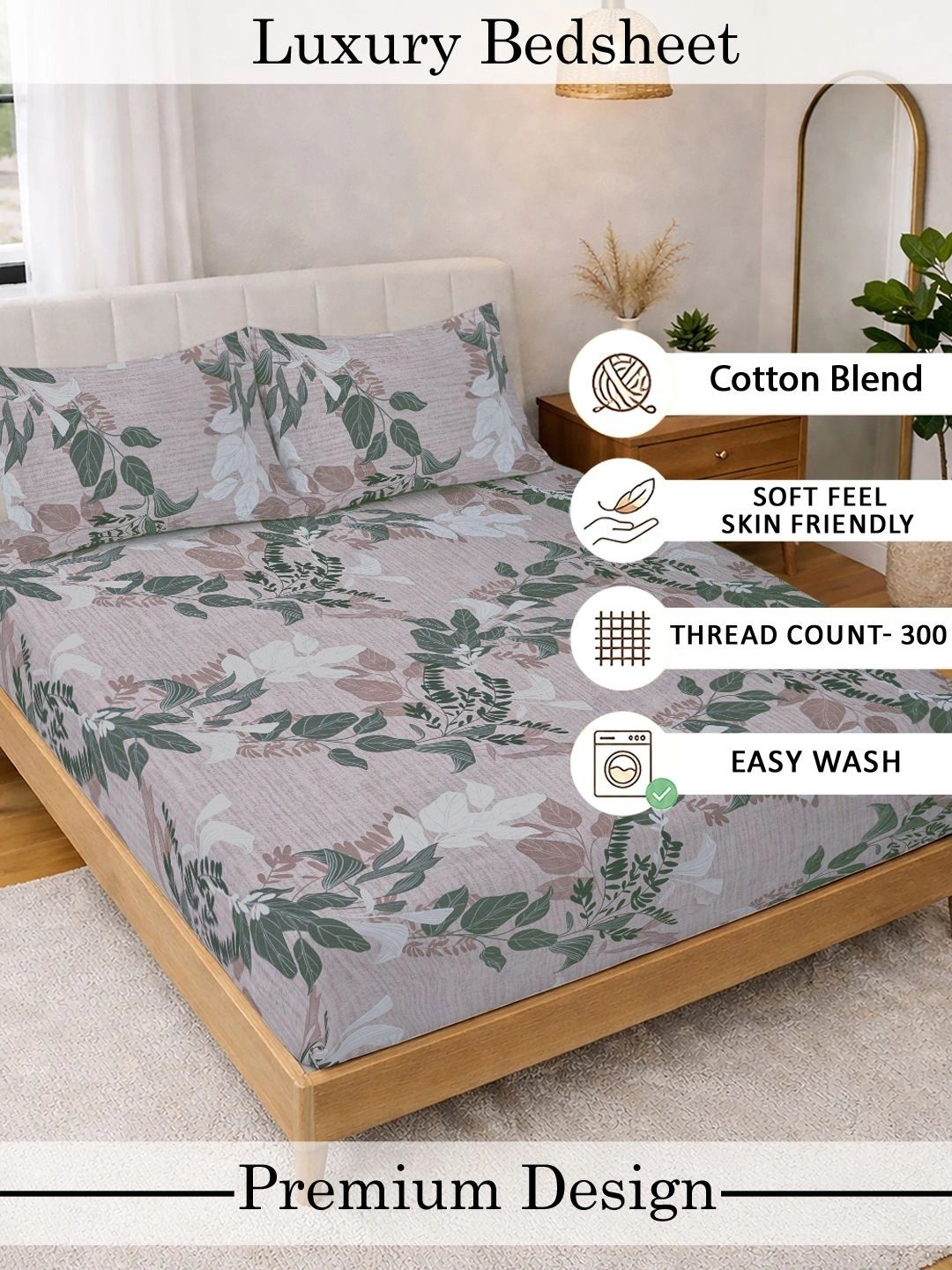 Moda Rapido X KLOTTHE Kelabu & Hijau Bunga 300 TC Cadar King dengan 2 Sarung Bantal