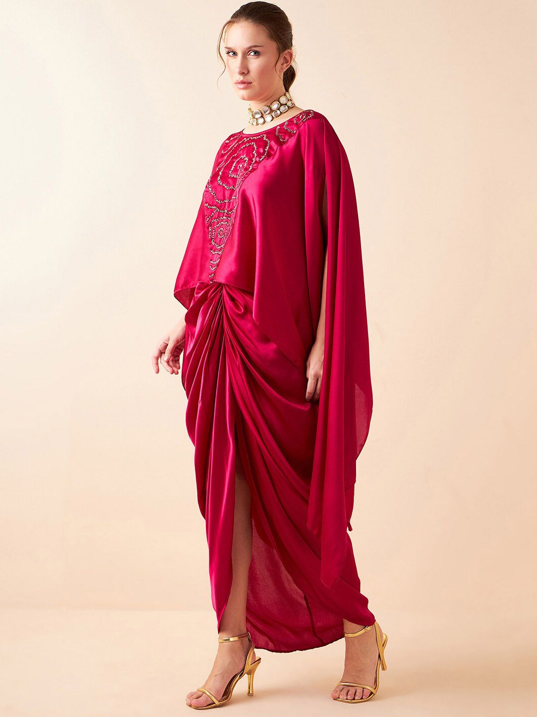 Antheaa Pink Embellished Top With Draped Skirt