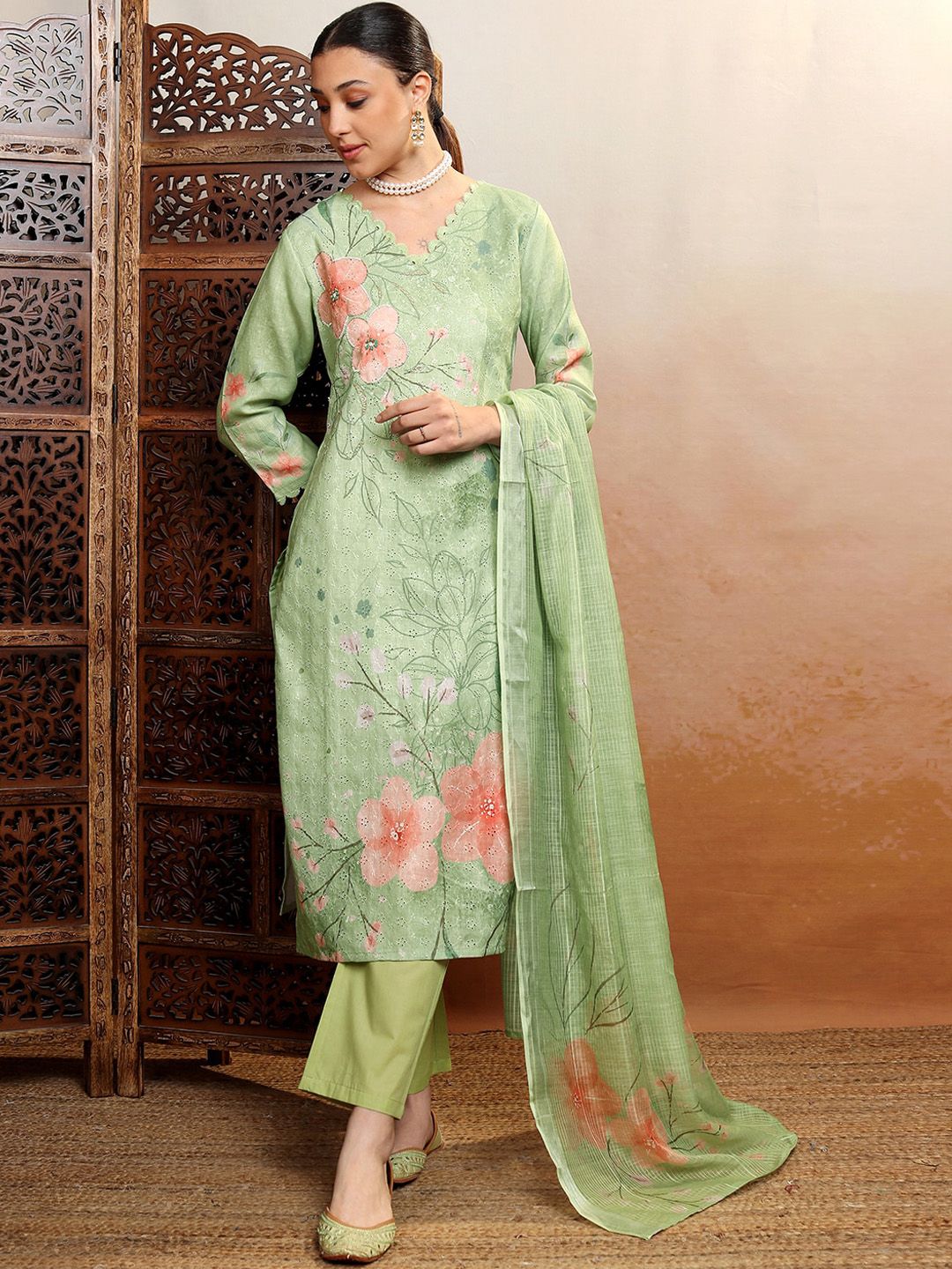 Vishudh Green Printed Thread Work Pure Cotton Straight Kurta With Trousers & Dupatta