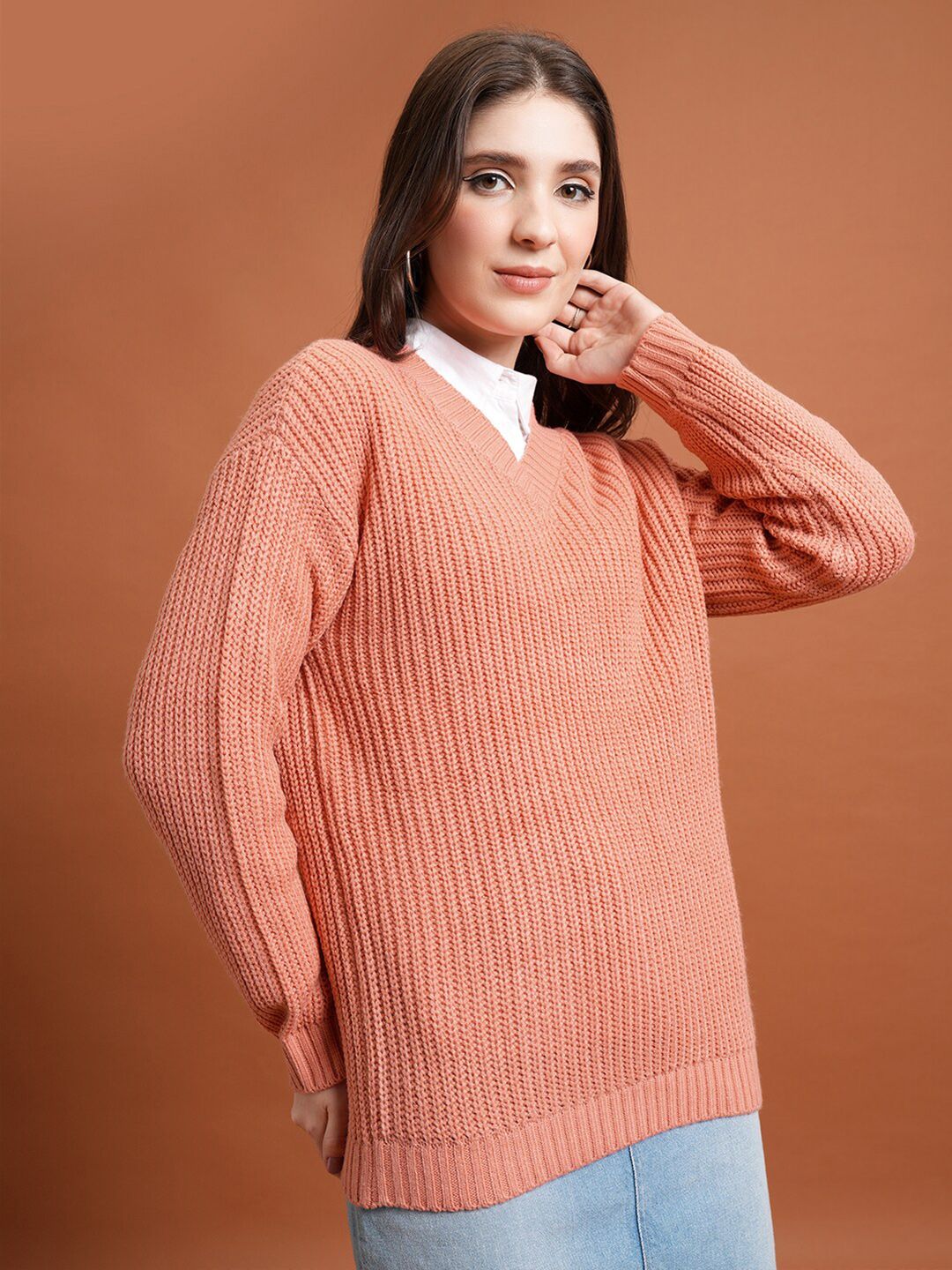 Tokyo Talkies Coral V-Neck Cable Knit Acrylic Pullover