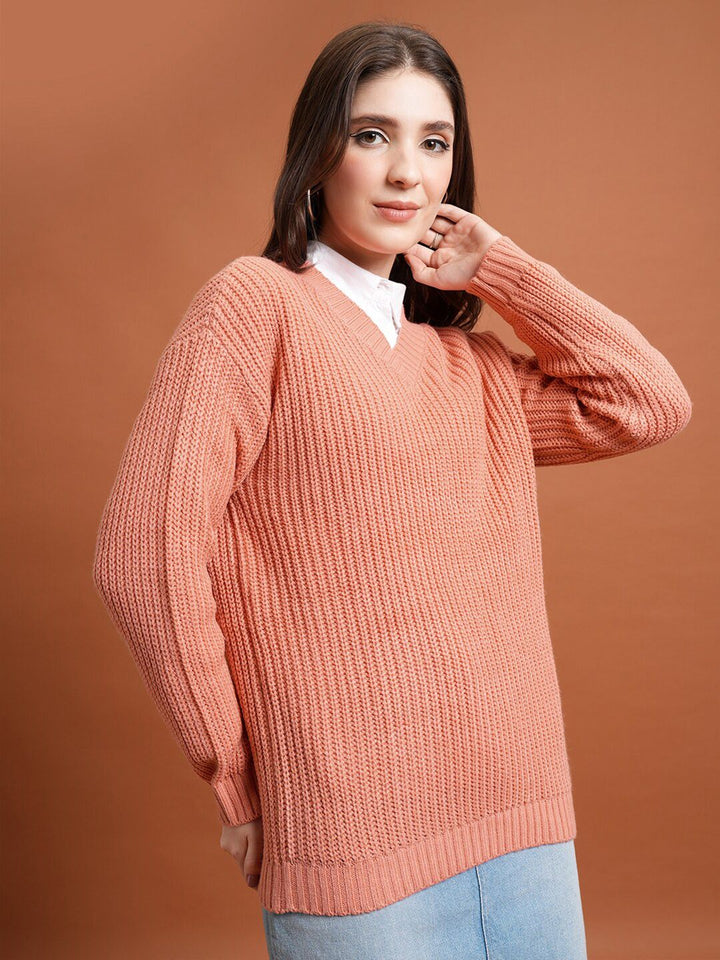 Tokyo Talkies Coral V-Neck Cable Knit Acrylic Pullover