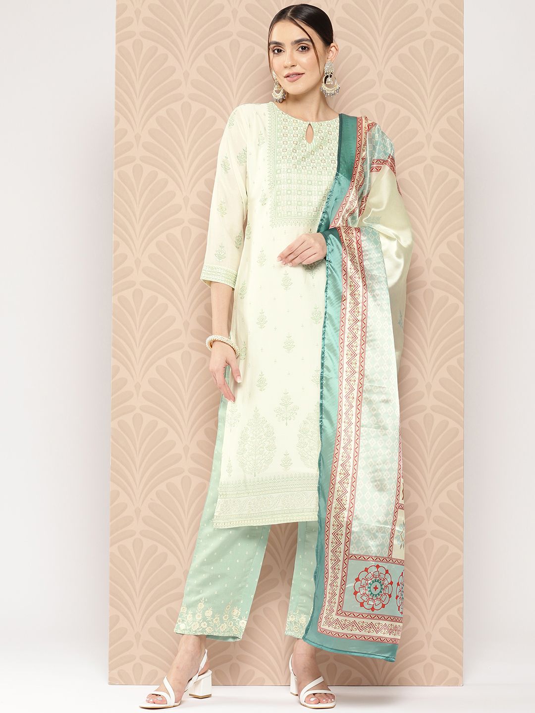 Libas Women Cream-Coloured Floral Printed Chanderi Silk Kurta with Trousers & With Dupatta