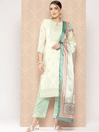 Libas Women Cream-Coloured Floral Printed Chanderi Silk Kurta with Trousers & With Dupatta