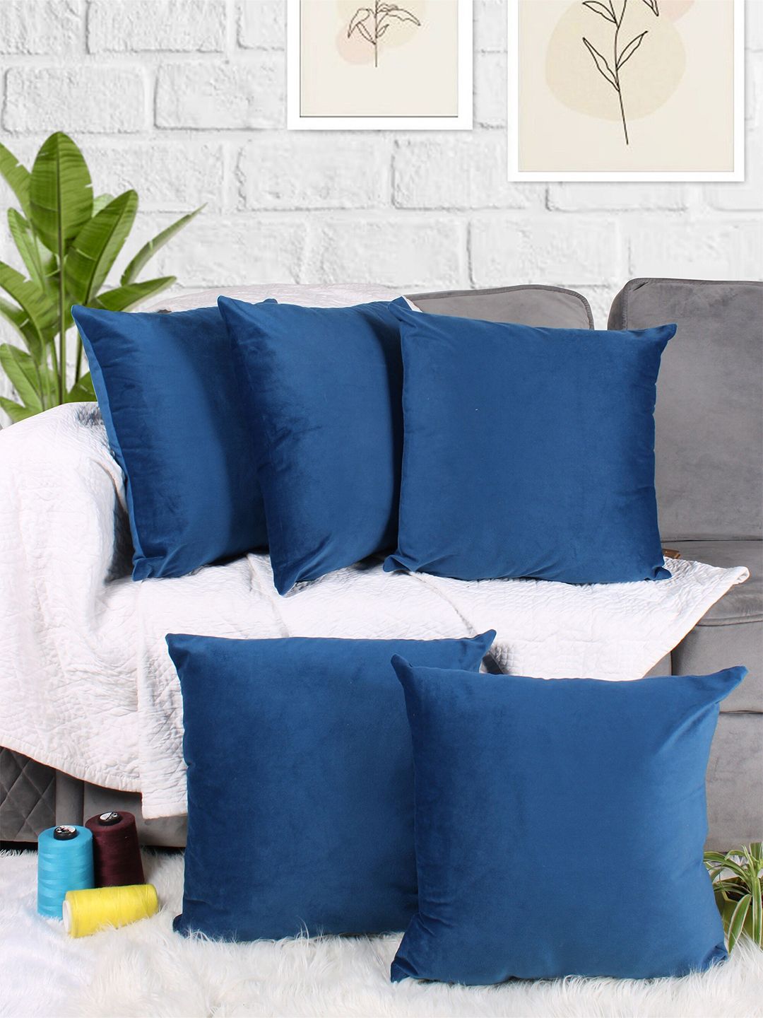 STITCHNEST Blue 5 Pieces Velvet Square Cushion Covers