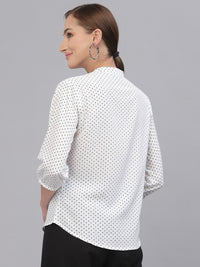 Style Quotient White & Black Polka Dot Print Mandarin Collar Shirt Style Top