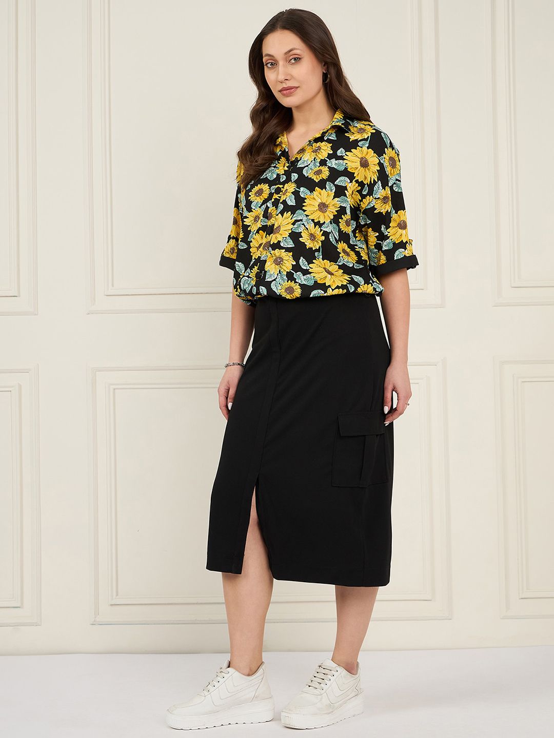 Antheaa Black Floral Printed Shirt With Flared Slit Skirt