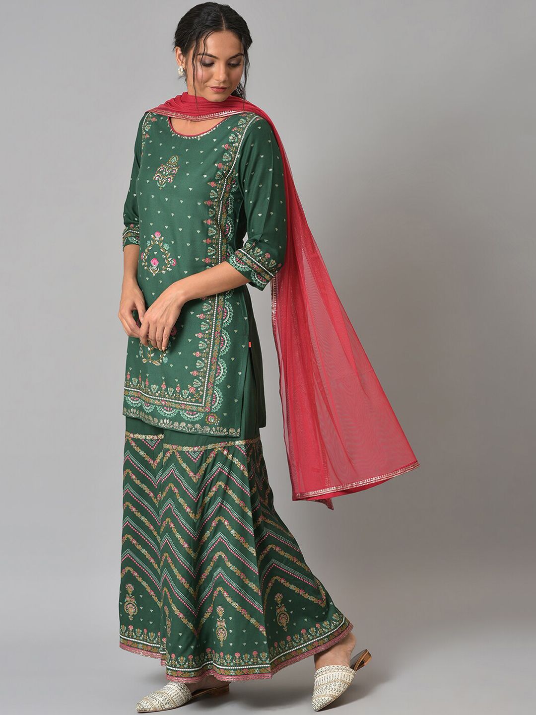W Women Floral Printed Kurta with Sharara & With Dupatta