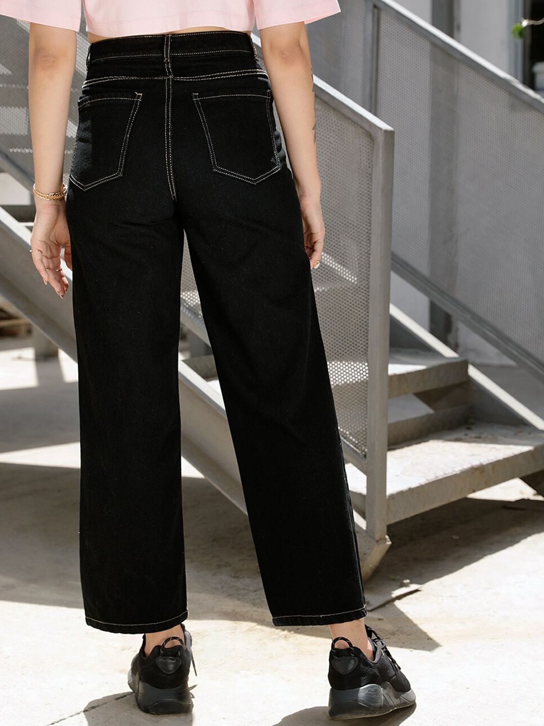 STREET 9 Women Black Relaxed Straight Leg Loose Fit High-Rise Pure Cotton Trousers