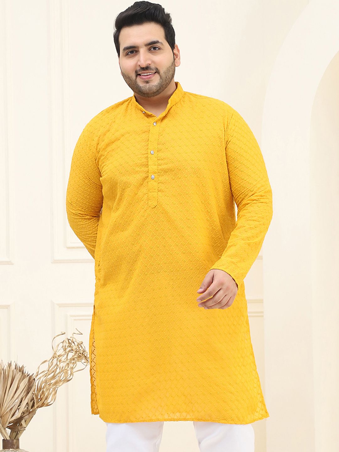 SOJANYA PLUS Lelaki Mustard Kuning Sulam Kurta Lurus