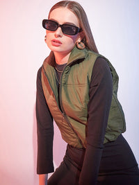 STREET 9 Olive Green Stand Collar Sleeveless Lightweight Crop Bomber Jacket