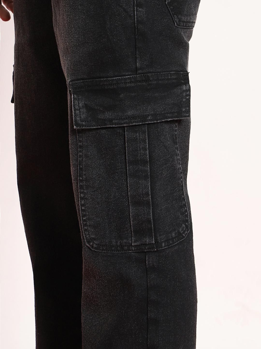 Urbano Fashion Men Black Regular Fit Washed Cargo Jeans With 6 Pockets Stretchable