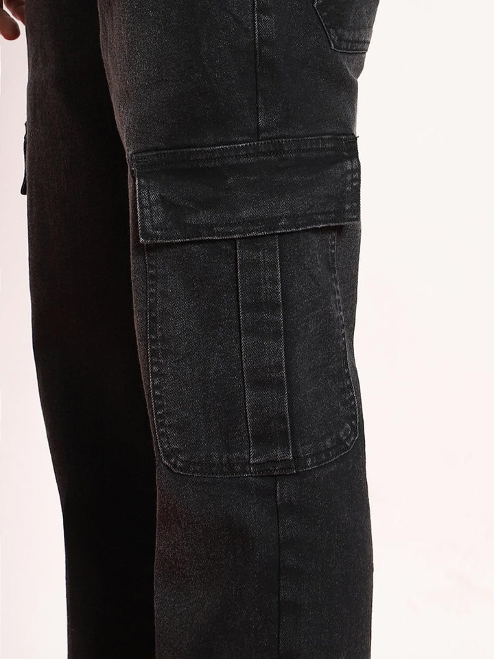 Urbano Fashion Men Black Regular Fit Washed Cargo Jeans With 6 Pockets Stretchable