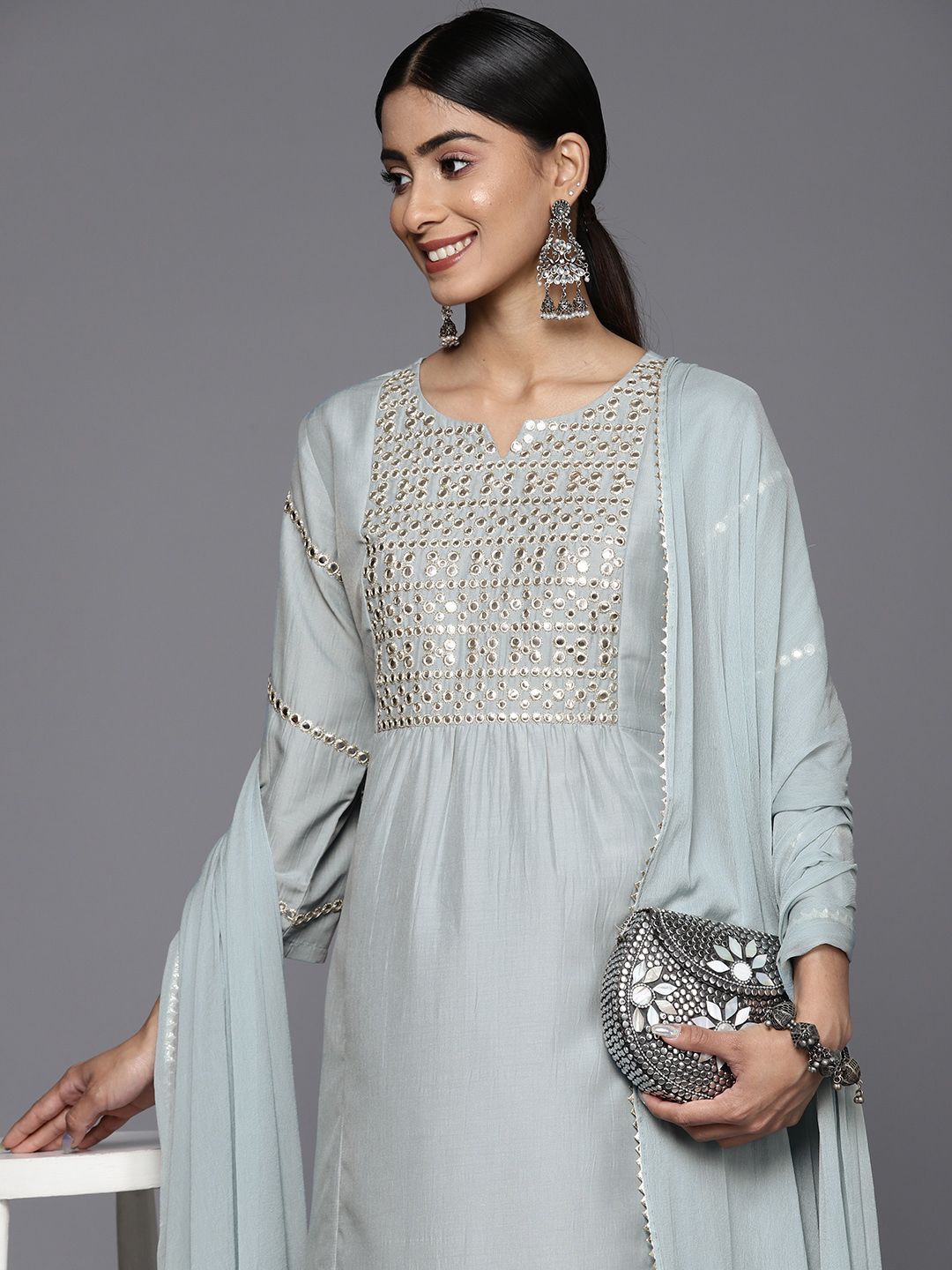 Varanga Embroidered Empire Mirror Work Kurta With Trousers & With Dupatta