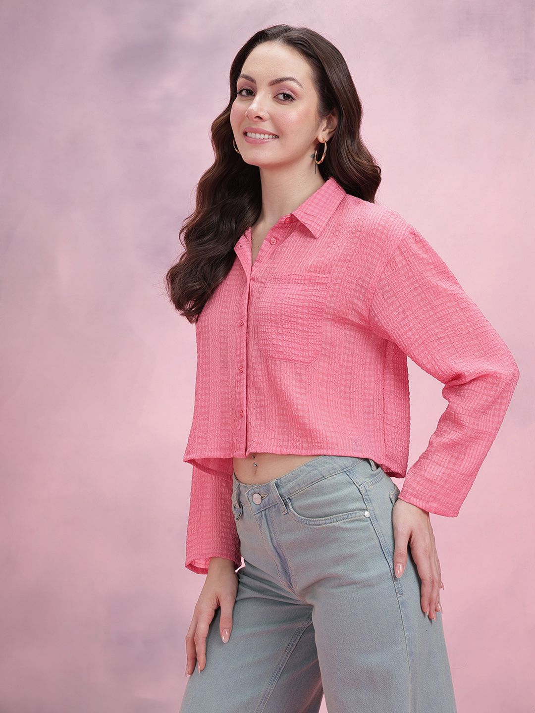 DressBerry Seersucker Checked Boxy Casual Shirt
