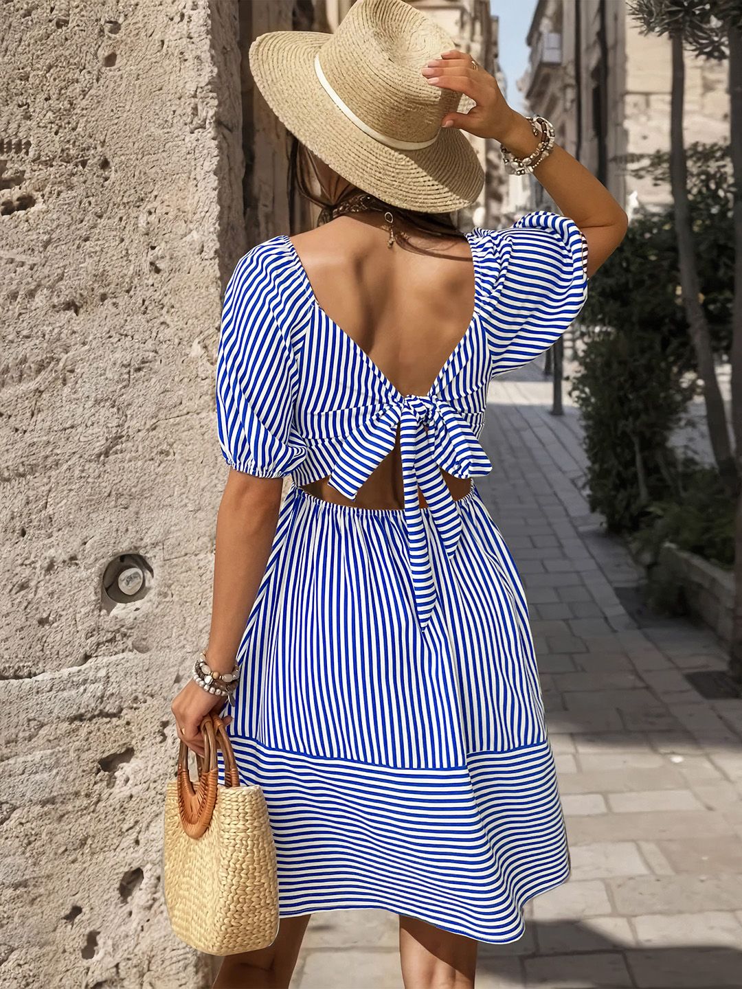 DressBerry Striped Smocked Tie-Ups Back Fit & Flare Dress
