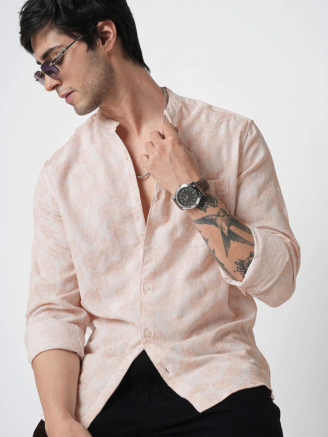 VASTRADO Men Classic Band Collar Floral Printed Slim Fit Casual Shirt