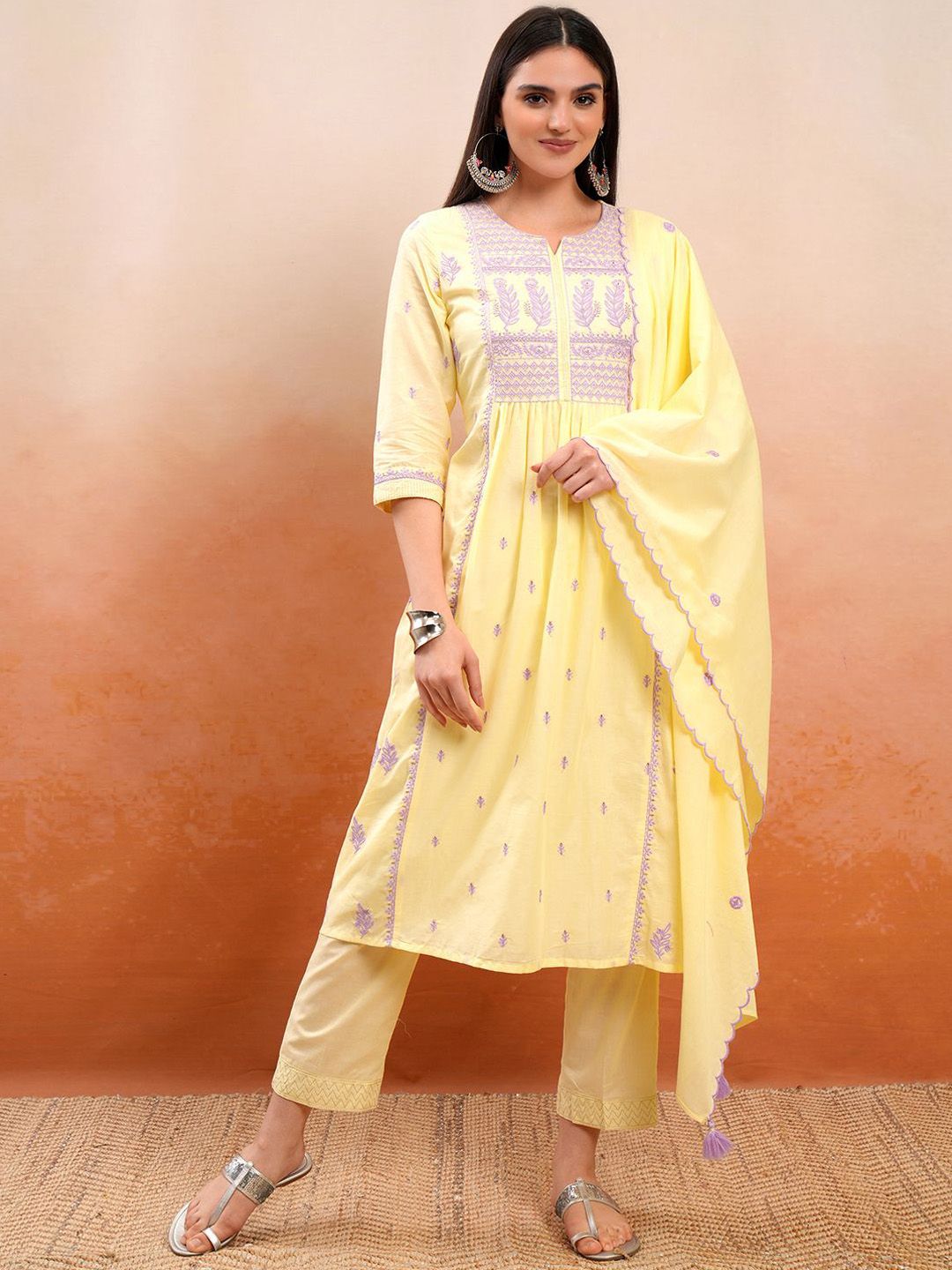 Vishudh Yellow Embroidered Thread Work Pure Cotton A-Line Kurta With Trousers & Dupatta