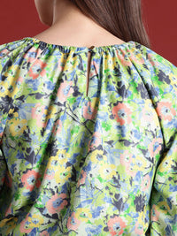 all about you Floral Print Cinched Waist Raglan Puffed Sleeves Top