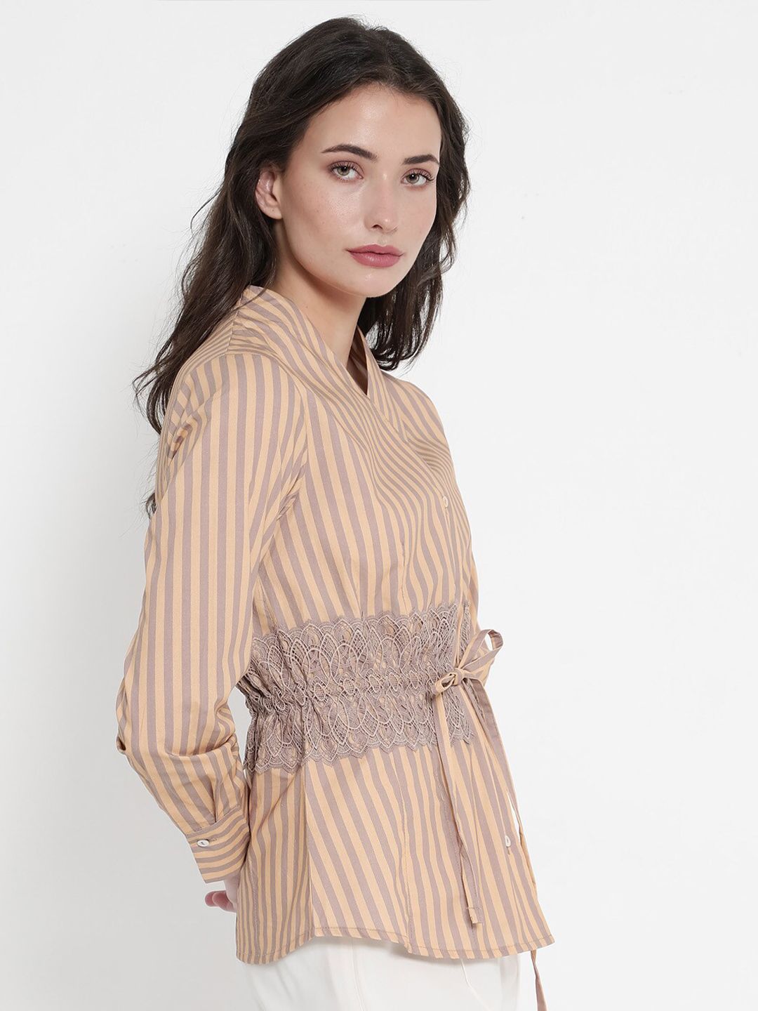 RAREISM Striped Dooze Regular Fit Waist Tie-Up Cuffed Sleeves Cotton Shirt Style Top