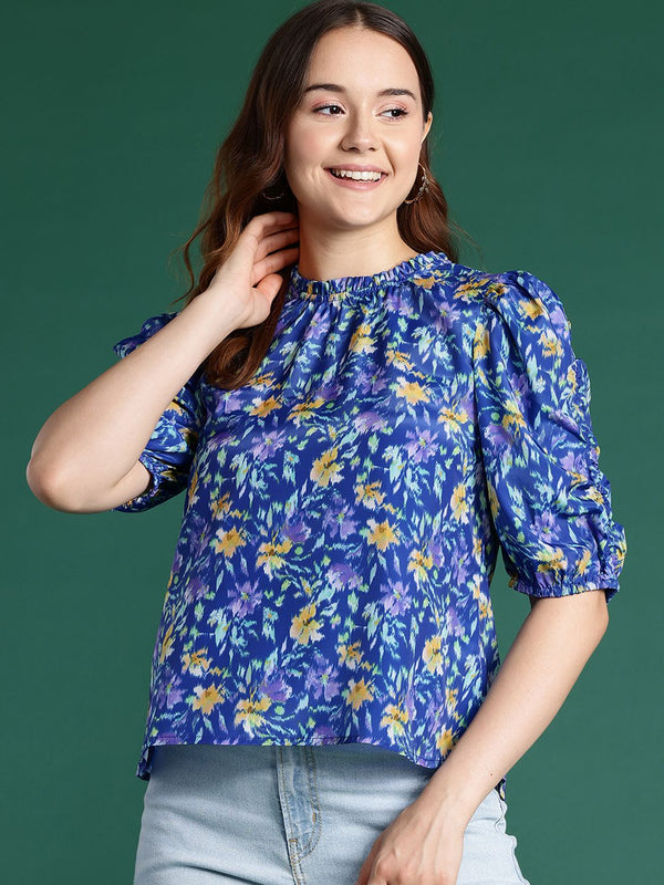 DressBerry Floral Print Puff Sleeve Ruffles Top