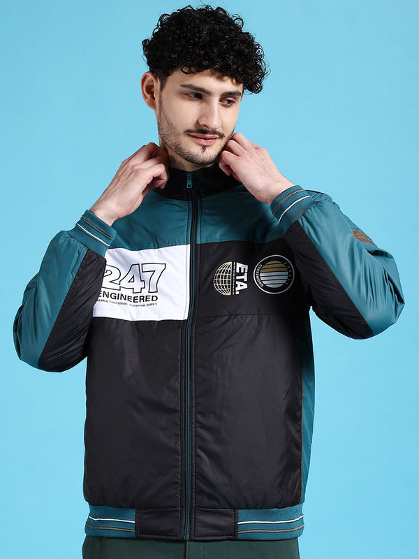 The Indian Garage Co Men Black Longline Outdoor Bomber with Patchwork Jacket