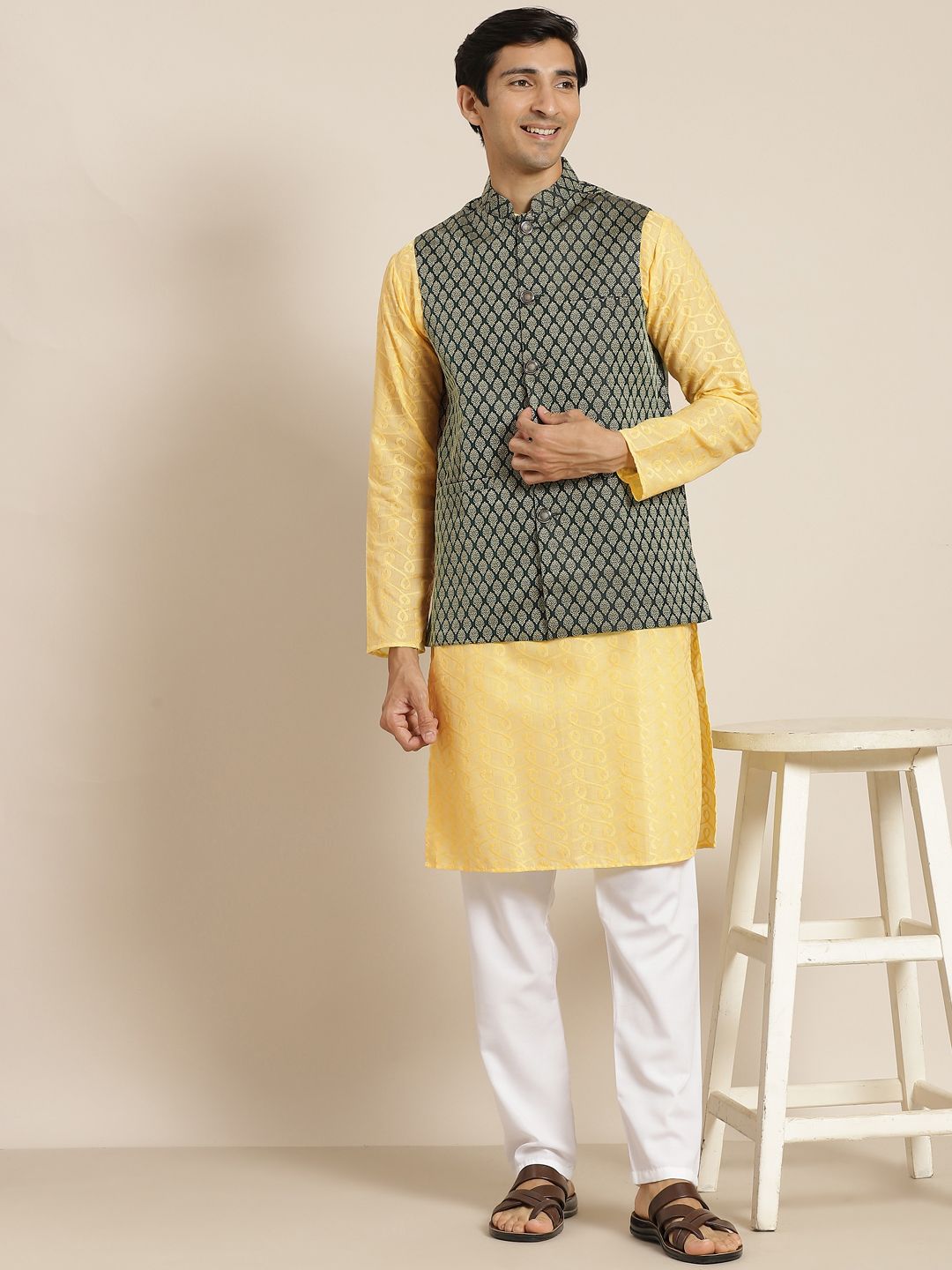 SOJANYA Men Yellow Chikankari Pure Cotton Kurta with Churidar & Nehru Jacket